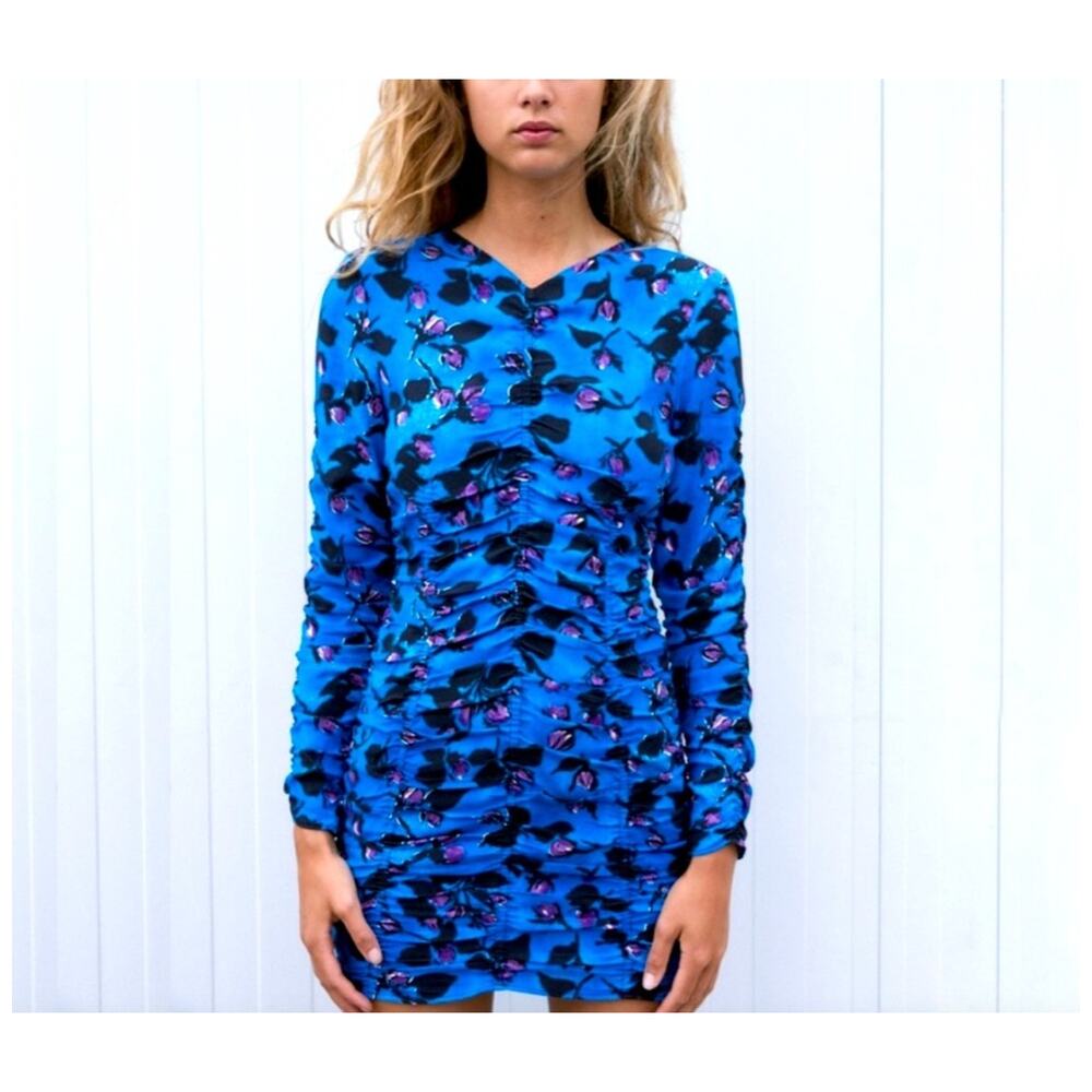 NEW ZARA‎ XS Women's Draped Blue Floral Print Ruched Long Sleeve Mini Dress